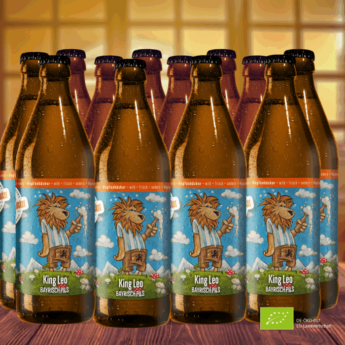 King Leo Bayrisch Pils - für alle, die ein g’scheites Pils trinken wollen. Aus München vom Hopfenhäcker